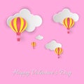 Happy Valentine`s Day! Beautiful clouds and air balloons! Abstract paper art 3D vector illustration on pink background. Royalty Free Stock Photo